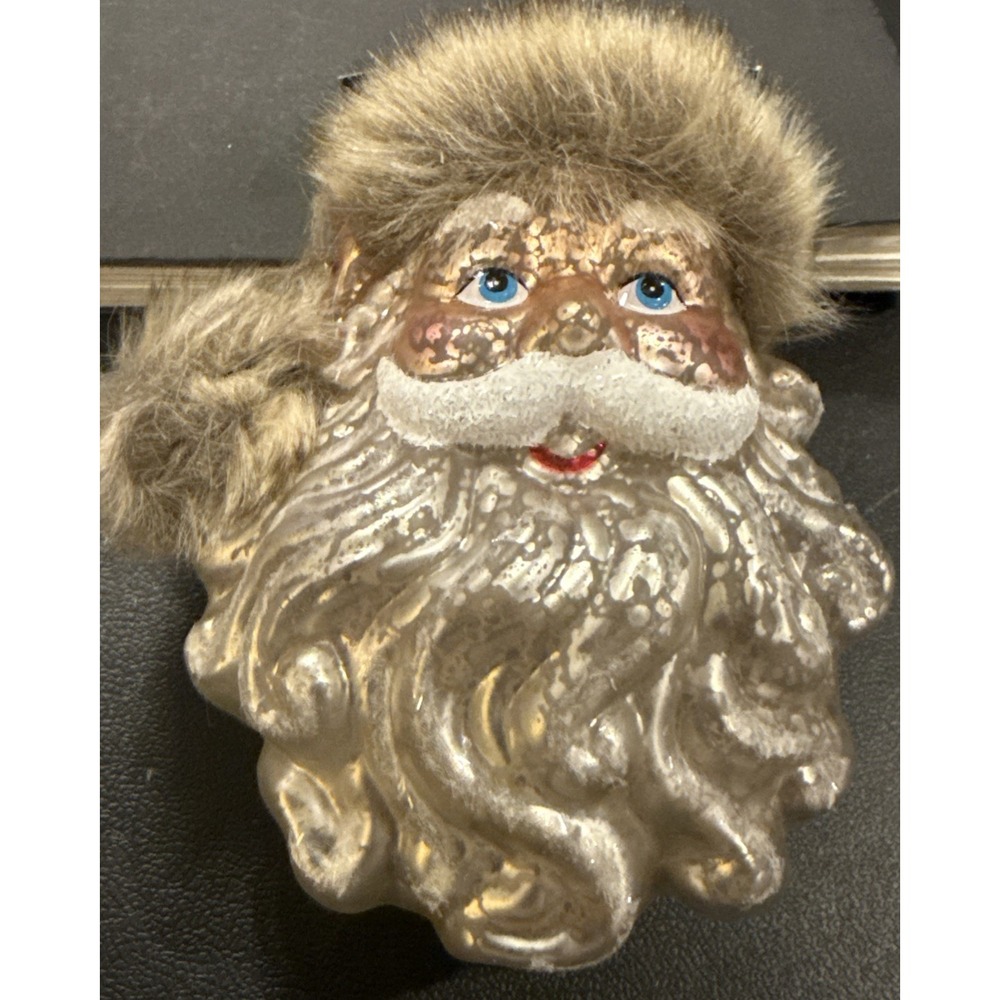 Robert Stanley Gold Santa Claus Face Faux Fur Christmas Tree Ornament Glass NEW